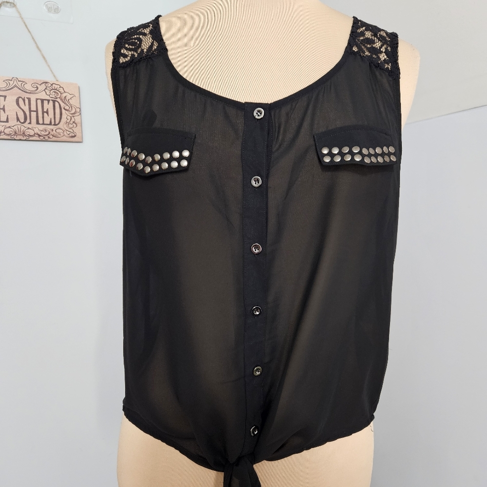 Gothcore Pearl Black Sheer Sleeveless Top Studded Pockets Lace Large Gothcore